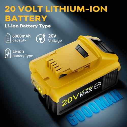 2-Pack 6.0Ah 20V Max Lithium-ion Batteries for Dewalt - Replacement for DCB201, DCB200, DCB205, DCB206, DCB207 dewalt Battery - Compatible with Dewalt 20V Max Battery Tools & Chargers