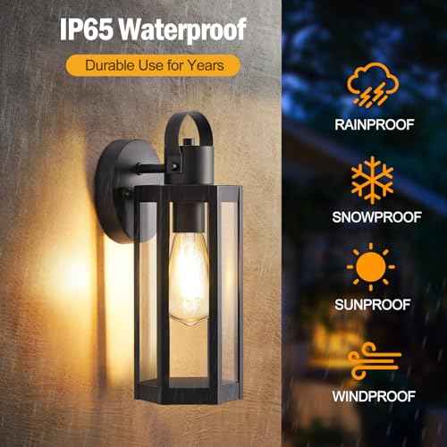 2 Pack Exterior Lighting Fixtures, Outdoor Wall Light with Clear Glass, Black Outside Front Porch Waterproof Sconce Lights Matte Wall Mount Lamp Modern Lanterns for House Patio Door Garage