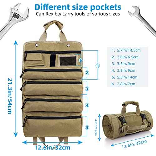 Roll Up Tool Bag, Koolertron 4 Zippers Water Resistant Wrench Tool Organizer, 900D Oxford Cloth Multi Pockets Storage for Mechanic/Electrician, Ideal Gift for Him, Khaki
