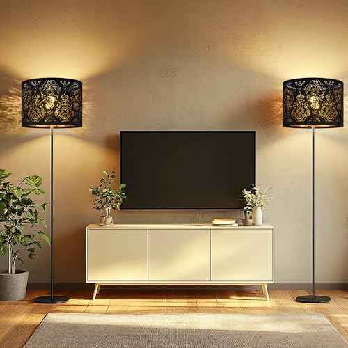 GO&SO 16 Inches Large Lamp Shades Set of 2 - Industrial Laser Cut Floral Design Linen Drum Fabric Lamp Shade, Round Replacement Lampshades For Floor Lamps & Bedside Lamps, Assembly Required,E26 Spider