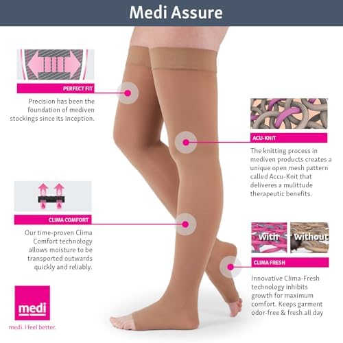 medi Assure 20-30 mmHg Thigh High Compression Stockings with Silicone Top Band – Open Toe Leg Circulation, Stockings for Women, Semi-Opaque Leg Support Compression Hosiery , Medium-Petite, Beige