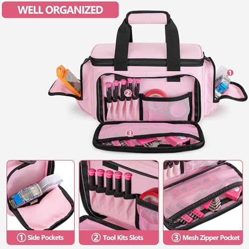 Tool Tote Bag for Women, Tool Storage Organizer with Anti-friction Bottom, Tactical Range Bag for Electrician, Carpenters, Repairman, Pink