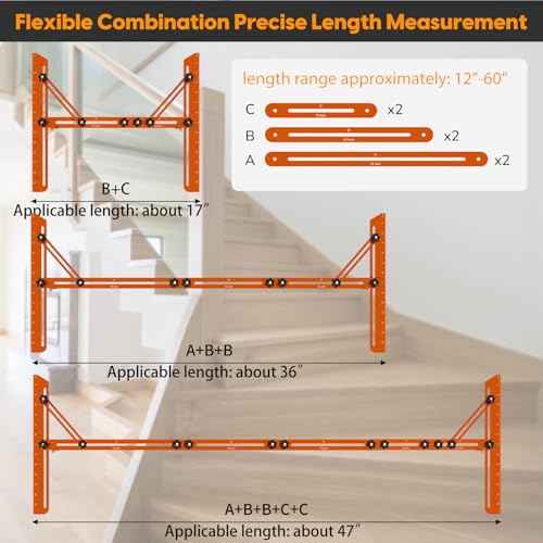 Stair Tread Template Tool, Stairs Treads Jig Stair Tread Gauge Aluminum Alloy Ruler with Angled Brace and Edge Flip Stops Adjusting Length from 12" to 60", Stair Tools Measuring Gauge