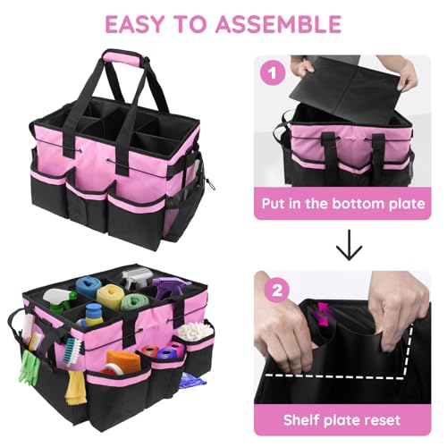 ZKOO Large Cleaning Caddy Bag with Handle, Built-in Sturdy Support Board, Adjustable Shoulder Strap, Multi-compartment Design Cleaning Supply Tote for Cleaners & Housekeepers (Pink)