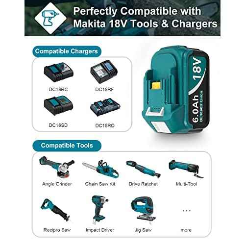 6000mAh 18V Battery Replacement for Makita 18V Battery and Charger DC18RC, Compatible with Makita LXT 18 Volt Batteries Lithium Ion BL1850 BL1840 BL1830 BL1820 BL1815 Cordless Power Tools (Blue)