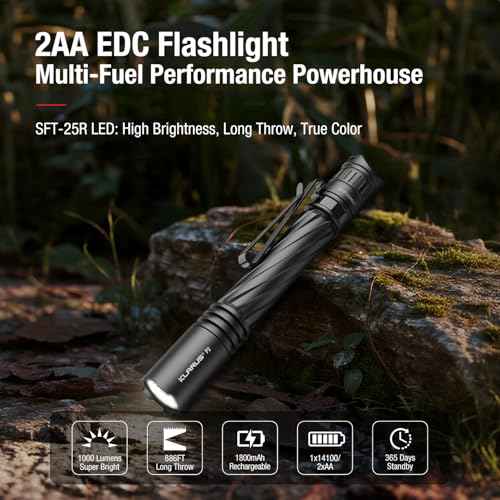 klarus P2 Tactical Pen Light: 1000 Lumens, 886ft Throw ? 2AA or USB-C Rechargeable (Battery Included), IPX8 Waterproof, Compact EDC Flashlight for Pocket, Office, Home, Security
