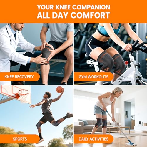 Compression Knee Brace for Women Men 2 Pack Compression Knee Sleeve Knee Brace for Knee Pain Arthritis Meniscus Tear Knee Support for Running Workout Wrestling Weightlifting Sport Athletics Orange M