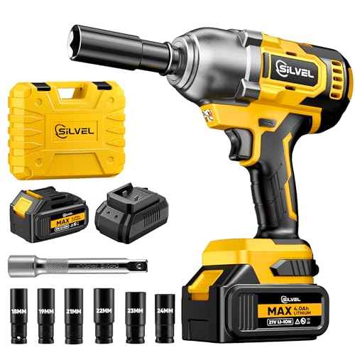 SILVEL Cordless Impact Wrench, MAX 650N.M Brushless Impact Gun 1/2 inch, 4.0Ah Battery, 6 Sockets, 3300RPM Impact Driver wih Fast Charger