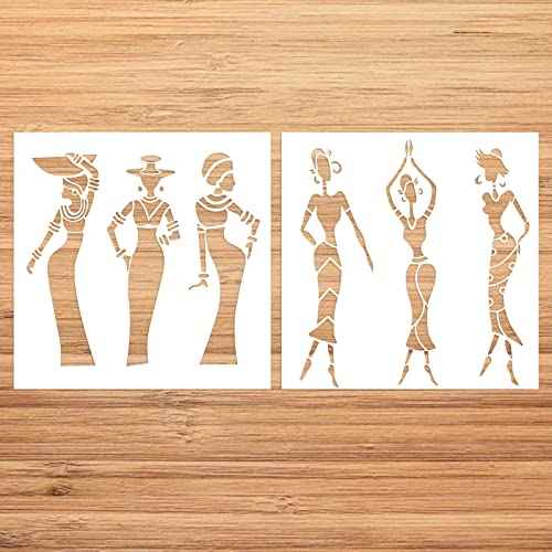 2 Pack Tribal Stencils African Lady Stencils Reuseable Stencil Templates for Painting on Paper,Wood,Tile,Canvas,Floor and Wall Decor
