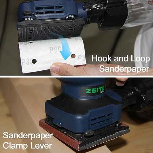 ZEITE 2.4 Amp 1/4 Sheet Sander with 12Pcs Sandpapers, Electric Palm Sander for Woodworking, 10 Ft Cord, 14000 OPM, Vacuum Attachment, Cyclonic Dust Box for Wood Polishing Sanding