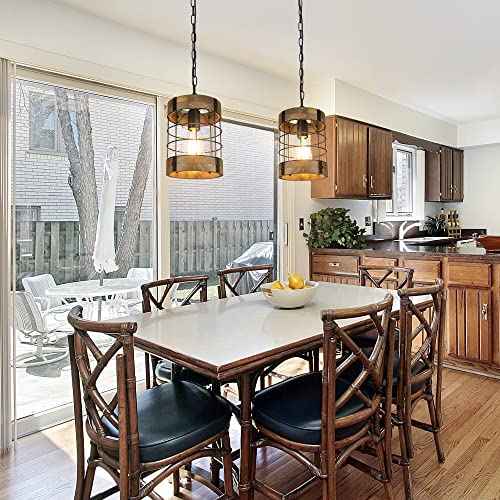 Rustic Pendant Light Fixtures, Farmhouse Kitchen Wood Hanging Lighting, Industrial Round Cage Chandelier for Entryway Hallway Dining Room Bedroom Foyer