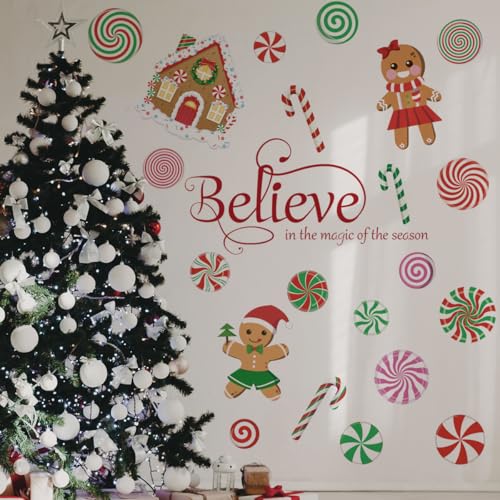 Runtoo Christmas Wall Decals Merry Christmas Peppermint Candy Cane Gingerbread Xmas Quotes Ornaments Window Clings Removable DIY Holiday Glass Floor Sticker Bedroom Door Decor