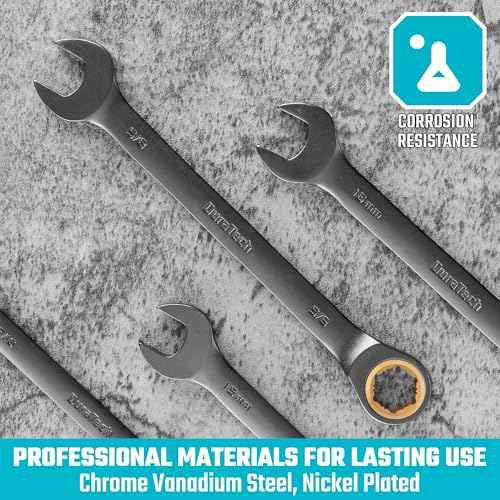 DURATECH Anti-Slip Ratcheting Wrench Set, Combination Wrench Set, 10-Piece, Metric 6-18mm, 72-Tooth, Nickel Plating, CR-V Steel, with Pouch
