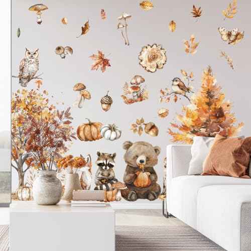 6 Sheet Fall Woodland Animal Wall Decals Autumn Forest Animal Maple Tree Mushroom Wall Cling Stickers Reusable for Thanksgiving Party Home Glass Window Decor
