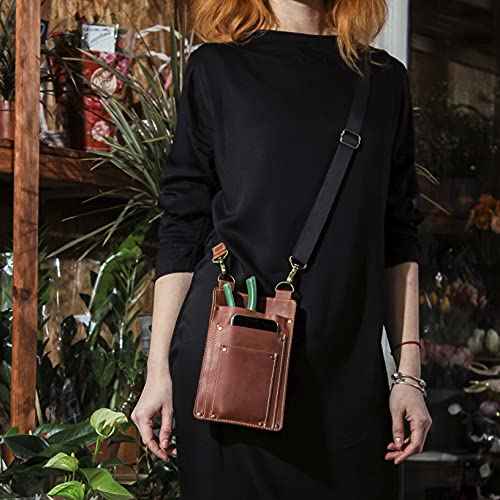Leather Florist Tool Belt Bag Garden Farmer Pouch Organizer - Hand Tools Holder Utility Kit (Cognac Brown)