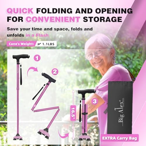 BigAlex Folding Walking Cane with LED Light, Lightweight Adjustable Canes for Women & Men, Free Standing Canes, Pivot Tip, Adjustable Travel Walking Aids with Carry Bag for Seniors Balance & Stability
