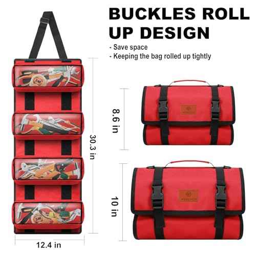 Canvas Tool Roll Up Bag, Multi-Purpose Wrench Organizer, Hvac Tool Bag with 4 Pockets (Red)