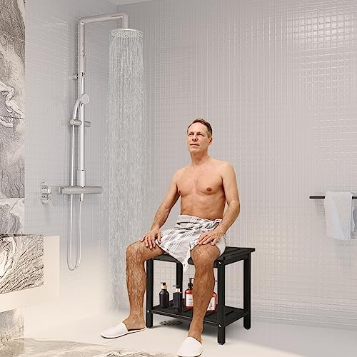 HDPE Shower Bench, Shower Stool with Storage Shelf 2-Tier Spa Stool for Inside Shower,Water Resistant & Non-Slip Design Shower Seat (Black L Size)