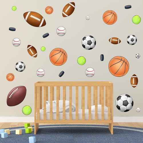 Basketball Football Sports Wall Stickers - Kids Baby Boys Wall Decals - Nursery Playroom Classroom Daycare Game Room Bedroom Home Wall Decor