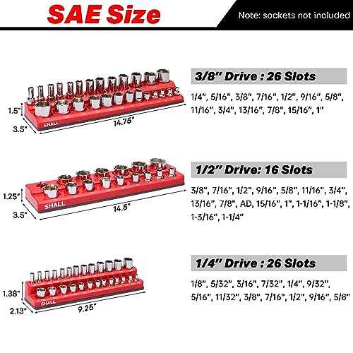 SHALL Magnetic Socket Organizer Set, 3-Piece SAE Socket Holders Include 1/4", 3/8", 1/2" Drive Socket Trays, Holds 68 Pieces Standard and Deep Size Sockets for Toolbox (Socket Not Included)