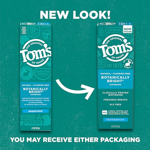 Tomâs of Maine Botanically Bright Natural Whitening Toothpaste, Fluoride Free and SLS Free, Vegan, Peppermint, 3 Pack, 4.0 Oz