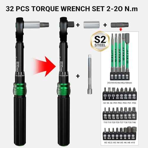 1/4" Click Torque Wrench Set, 32-Piece Portable Bicycle Maintenance Tool Kit, 2-20 Nm ¡¾3% Precision, S2 Torx & Hex Bits, Pro Bike Torque Wrench for Road/Mountain Bike (MTB) & Cycling Repair