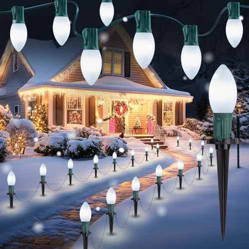 Brightown Frosted C9 LED Christmas Lights Outdoor, 2 Packs Total 51.4Ft Pathway Lights with 40 LED Bulbs and Stakes, Christmas Decorations Outside Driveway Walkway Sidewalk, Pure White