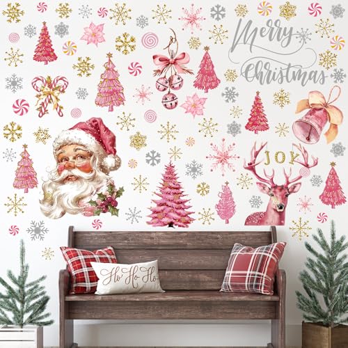 80 Pcs Pink Merry Christmas Wall Sticker Santa Claus Christmas Window Decals Xmas Snowman Poinsettia Flowers Stickers Decor, Winter Snowflakes Holiday Kitchen Party Home Decorations