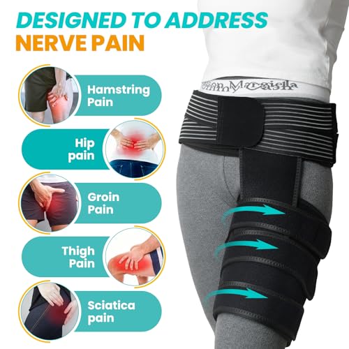 JUMPOW Hip Brace for Sciatica Pain Relief - Adjustable Compression Wrap Support, Hamstring Compression Sleeve for Arthritis, Groin Injury, Pulled Thigh, Hip Pain Relief (M Size, Left/Right Leg)
