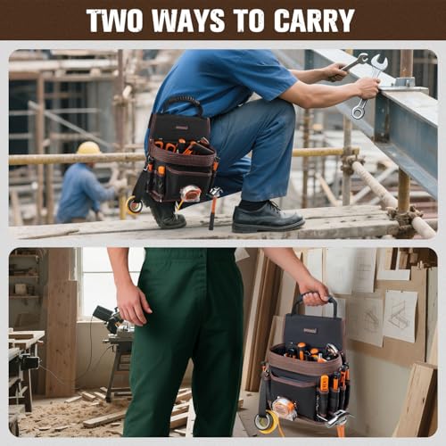 Electrician Tool Pouch, 10 Pockets Tool Belt Pouches with Hammer Holder, Adjustable Small Tool Pouch with Belt for Carpenter Construction Technician Plumber HVAC