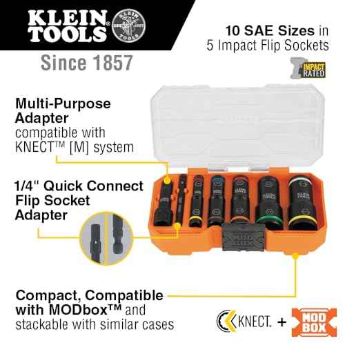 Klein Tools 65618 KNECT Flip-10 SAE Impact Socket Set, Deep Sockets with 5 Color-Coded Flip Sockets, 10 SAE Socket Sizes, 1/4 and 3/8-Inch Adapters and MODbox Case