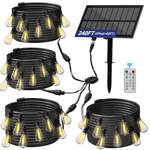 Stright Solar Powered String Light 240FT with Remote Control 8 Light Modes, Weatherproof Shatterproof ST38 LED Bulb, Total 60 Sockets, 1 to 4 Splitter cord String Lights (End to End 60FT, Total 240FT)