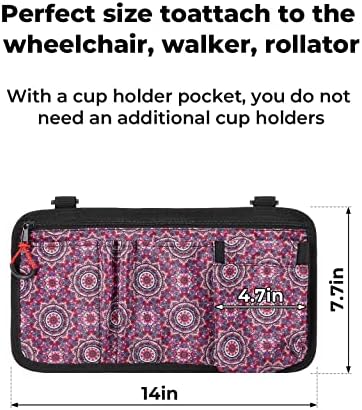 JOYTUTUS Walker Side Bag, Wheelchair Armrest Storage Pouch with Cup Holder, Wheelchair Accessories for Seniors, Walker Bag Cup Holder for Walker, Rollator, Electric Scooter or Wheelchair Red