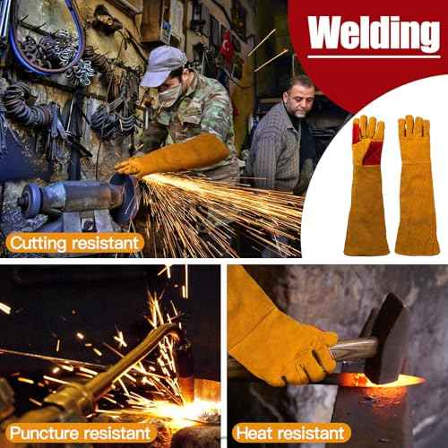 Welding Gloves for Men Women, 23.6" Leather Long Sleeve Welding Glove, Breathable Thicken Extreme Heat Resistant Protective Gloves for TIG MIG Welding BBQ Cooking Pet Training