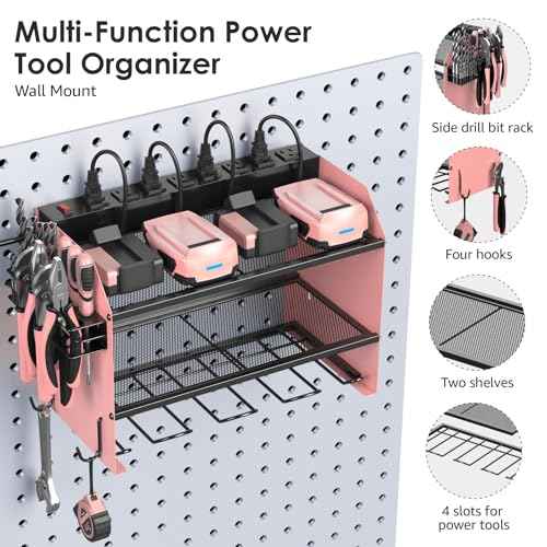 CCCEI Modular Power Tool Organizer Wall Mount with Charging Station. Garage Drill Storage Shelf with Hooks, Heavy Duty Rack, Tool Battery Holder Built in 8 Outlet. Gift for Men. Pink, 1 Pack.