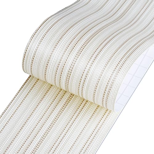 LACHEERY Off White Bulletin Board Border Wallpaper Peel and Stick Border Trim Beige Fabric Removable Mirror Frame Borders Peel and Stick Striped Grasscloth Wall Paper for Bulletin Board Walls 3"x197"