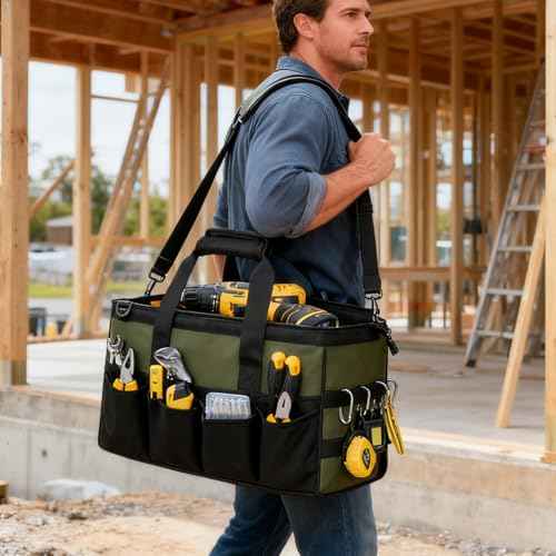 Tool Bag 16-Inch, 15 Pockets Heavy Duty Empty Tool Storage Organization, Soft Handle Carrying Toolbag,Toolbox Organization Tool Bags for Men,Army Green & Black
