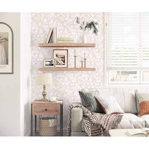 LiKiLiKi Peel and Stick Wall Paper Khaki and White Floral Wallpaper Modern Boho Self Adhesive Waterproof Removable Contact Paper for Living Room Bedroom Bathroom Cabines Kitchen Vinyl Roll 17.3"x118"