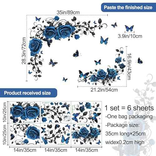 Removable Blue Floral Rose Wall Decor 3D Peel and Stick Flower Vine Black Plants Vines Leaf Wall Stickers Flying Butterfly Wall Decals for Kids Girls Baby Bedroom Nursery Living Room (Blue)