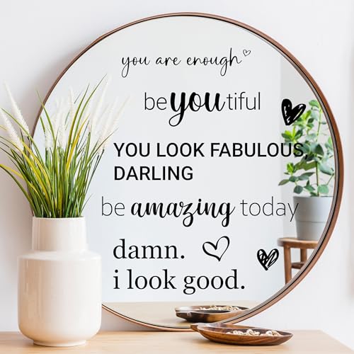 Affirmation Mirror Decals - Set of 6 Black Vinyl Quotes Be Amazing Today | Hello Beautiful | I Look Good | You Look Fabulous Darling Bathroom Mirror Sticker