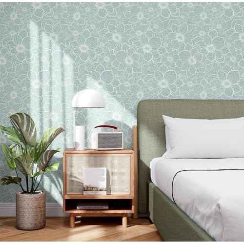 GloryTik Peel and Stick Wallpaper Boho Floral Contact Paper Grey Green Removable Self Adhesive Wall Paper Stick on Wallpaper for Bedroom Bathroom Cabinets Decor Vinyl Roll 17.3"¡¿ 78.7"