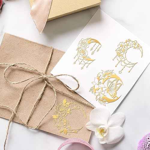OLYCRAFT 9pcs 1.6x1.6 Inch Gold Metal Stickers Moon Butterfly Metal Stickers Self Adhesive Golden Sticker Mandala Flower Decals for Scrapbooks DIY Resin Crafts Phone Water Bottle Decor