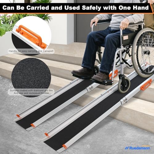 Ruedamann Portable Wheelchair Ramp, 8FT Adjustable Aluminum Ramp for Home, 600lbs Capacity,Telescoping Non-Skid Surface Wheel Chair Ramp for Home, Stairs, Steps
