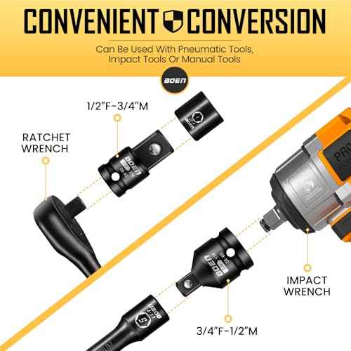 boen 2-Pieces Impact Socket Adapter and Reducer Set, 1/2"F to 3/4"M Adapter & 3/4"F to 1/2"M Reducer, Standard Square Driver & Wrench Conversion Kit, CR-MO Steel