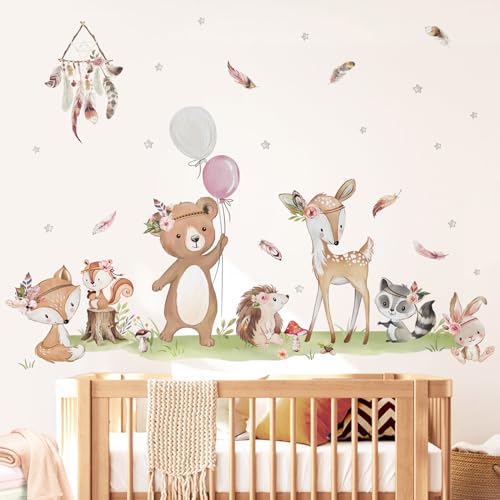 decalmile Boho Woodland Animals Wall Stickers Deer Bear Fox Rabbit Wall Decals Baby Nursery Kids Bedroom Living Room Wall Decor