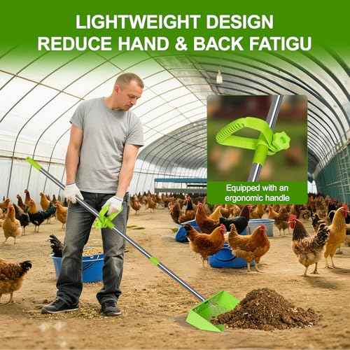 Chicken Poop Scooper & Rake 2-in-1,10" Wide Metal Sand Sifting Shovel with Grip,Adjustable Stainless Steel Handle,Cleaning Tools for Chicken Coops & Farm Animals Scoop (Green)