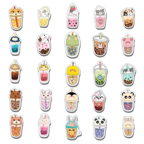 Pack 50 Pcs Cute Beverage Boba Tea Stickers for Water Bottles Waterproof Laptop Luggage Helmet Computer Teens Adults Girls Boys Funny Aesthetic Sticker Packs Small Vinyl Decals