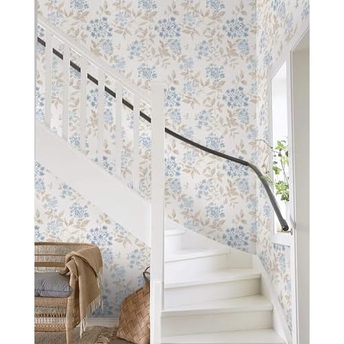 Heroad Boho Floral Wallpaper Blue/Beige Peel and Stick Wallpaper Neutral Leaf Contact Paper Removable Self Adhesive Wall Paper for Cabinet Bedroom Bathroom Waterproof Decor Vinyl Roll 17.3''x78.7''