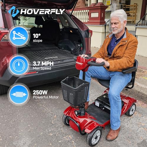Hoverfly T4 Mobility Scooter, 4-Wheel Mobility Scooter for Adults - 12.4 Miles Range, 3.7 mph, Smart Safety Features, Removed Battery, Rotating Swivel Seat, Headlight, Basket, Charger Included Red