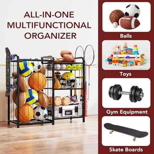 Garage Sports Equipment Organizer, Ball Storage for Gear and Toys, Large Capacity, Sports Organizer for Garage with Hooks and Baskets, for golf, Football, Soccer Ball, Bat